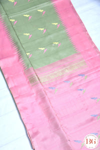 No Zari Kuttu Gadwal Pure handloom silk saree - pista green with baby pink