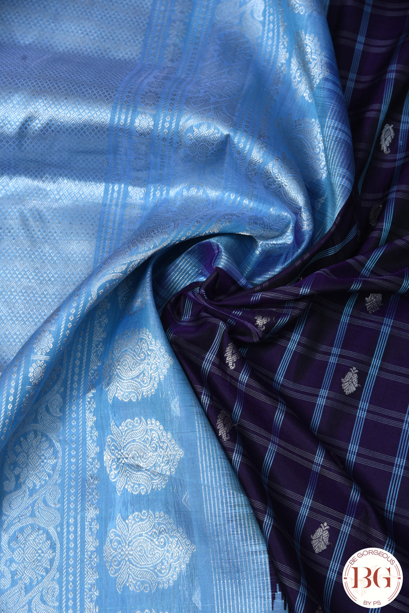 Kuttu Gadwal Pure silk handloom saree with silver zari - purple with blue