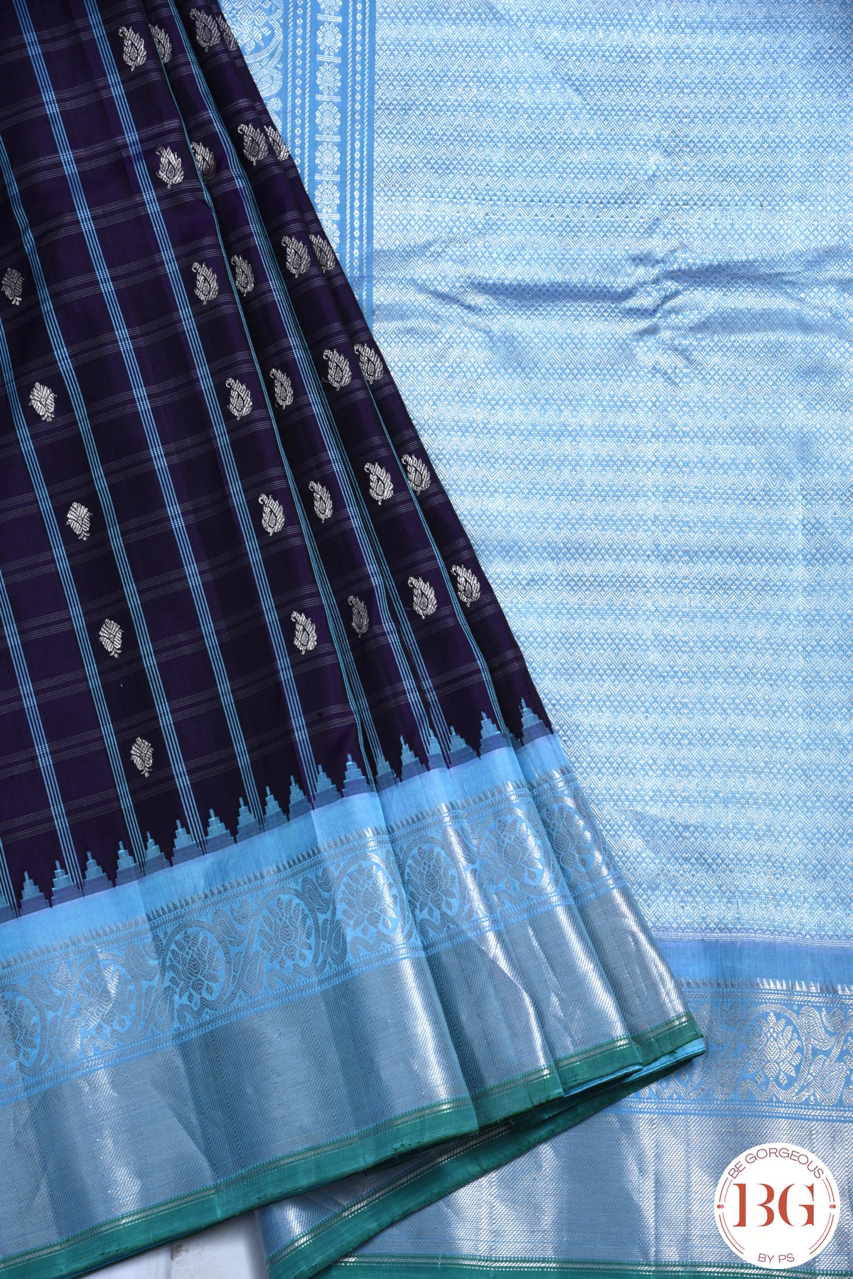 Kuttu Gadwal Pure silk handloom saree with silver zari - purple with blue