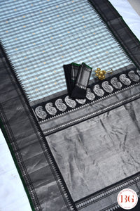 Kuttu Gadwal Pure silk handloom saree with silver zari - grey with black