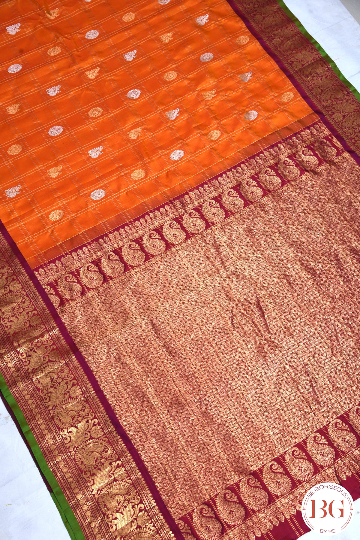 Kuttu Gadwal Pure silk handloom saree - Mustard Orange with Purple