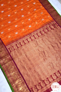 Kuttu Gadwal Pure silk handloom saree - Mustard Orange with Purple