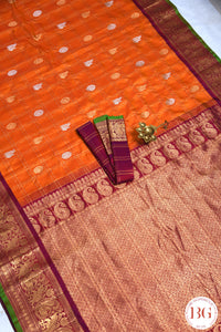 Kuttu Gadwal Pure silk handloom saree - Mustard Orange with Purple