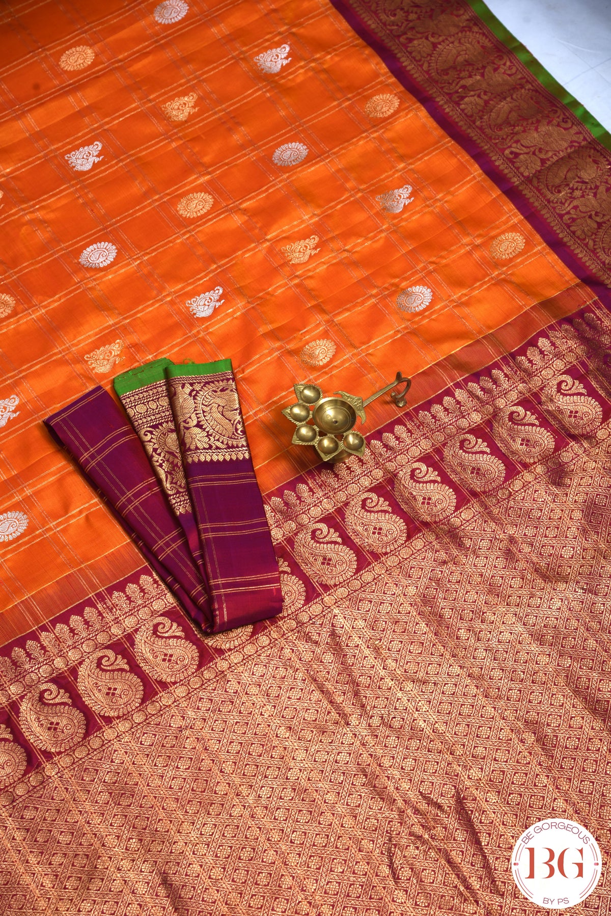 Kuttu Gadwal Pure silk handloom saree - Mustard Orange with Purple