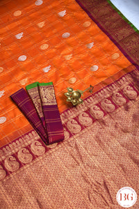 Kuttu Gadwal Pure silk handloom saree - Mustard Orange with Purple