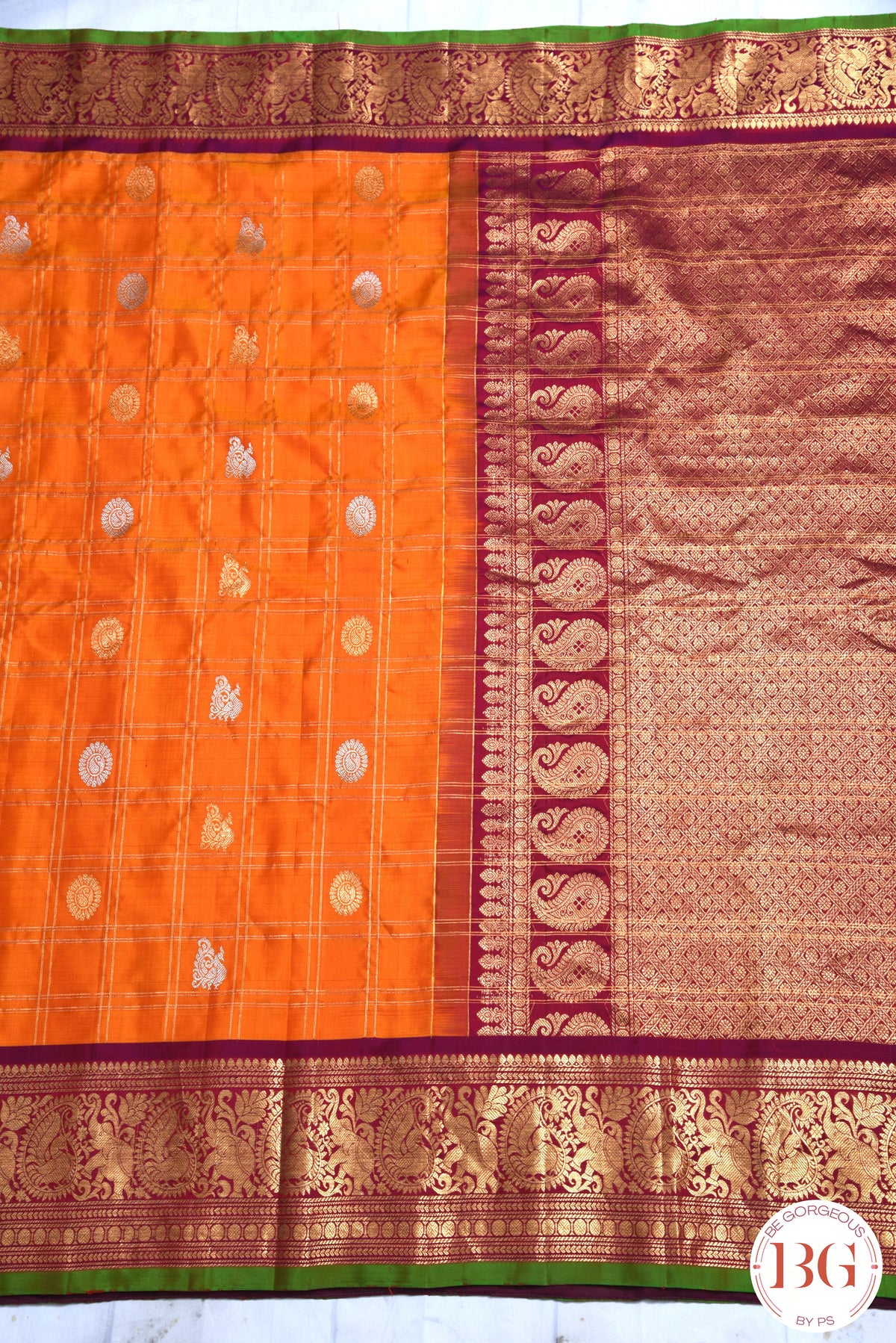 Kuttu Gadwal Pure silk handloom saree - Mustard Orange with Purple