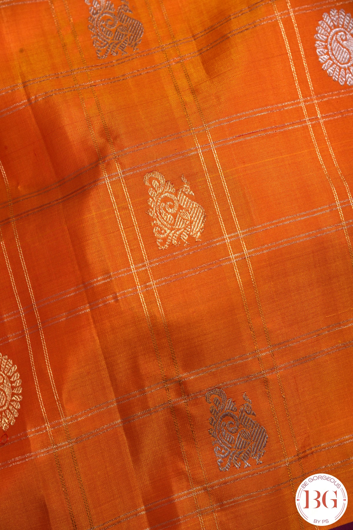 Kuttu Gadwal Pure silk handloom saree - Mustard Orange with Purple