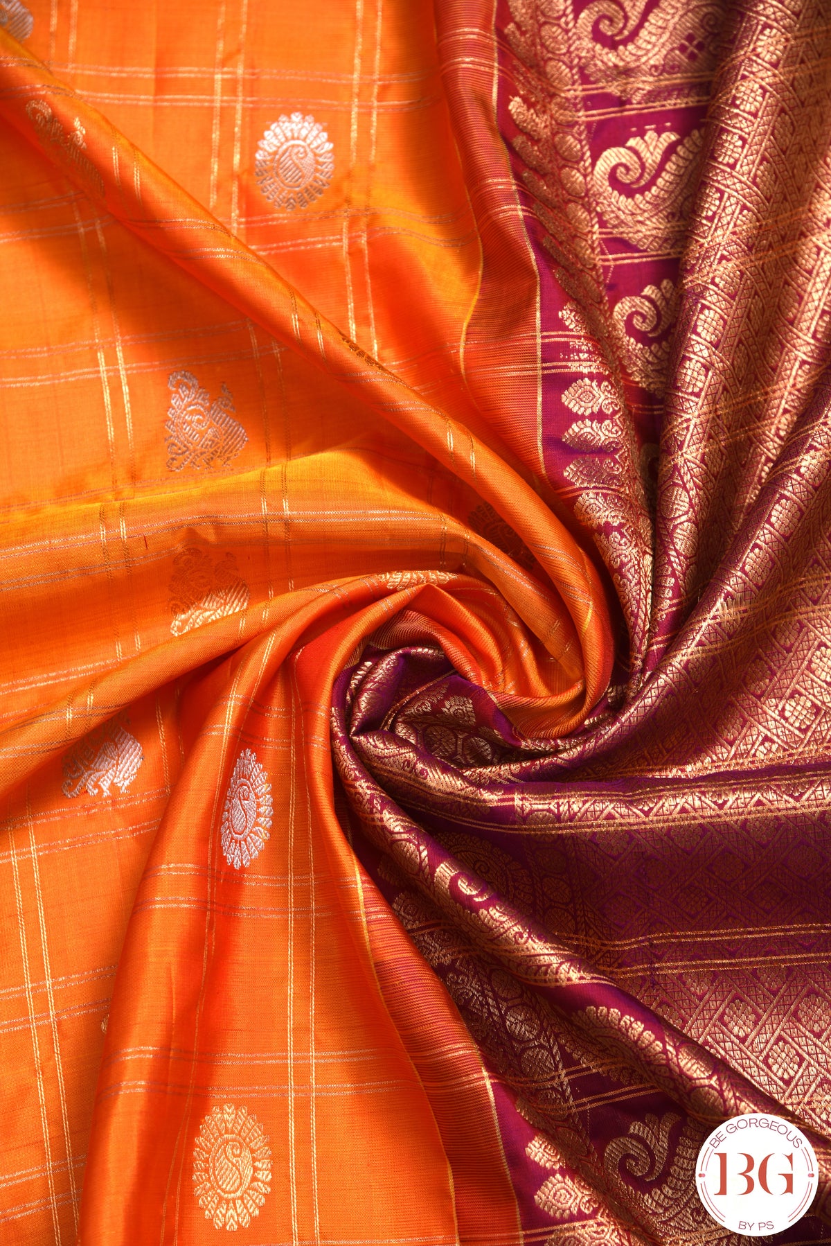 Kuttu Gadwal Pure silk handloom saree - Mustard Orange with Purple