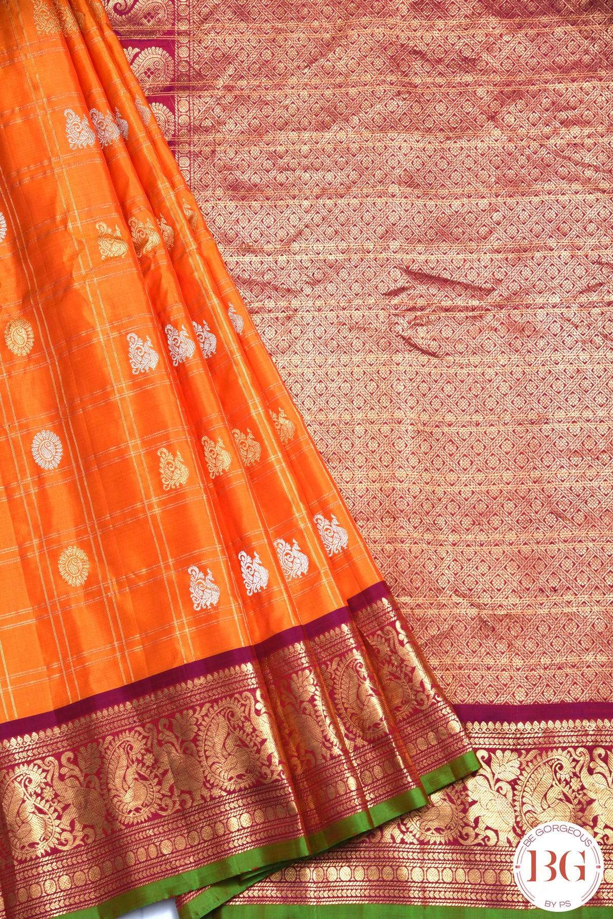 Kuttu Gadwal Pure silk handloom saree - Mustard Orange with Purple