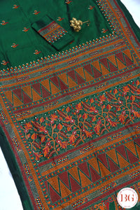 Kantha Stitch Saree on Bangalore Silk - Bottle Green