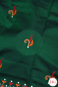 Kantha Stitch Saree on Bangalore Silk - Bottle Green