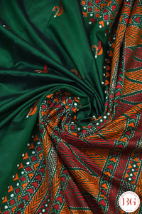 Kantha Stitch Saree on Bangalore Silk - Bottle Green