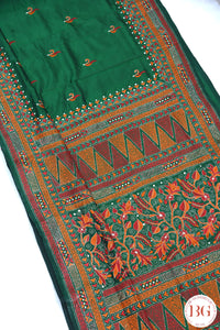 Kantha Stitch Saree on Bangalore Silk - Bottle Green