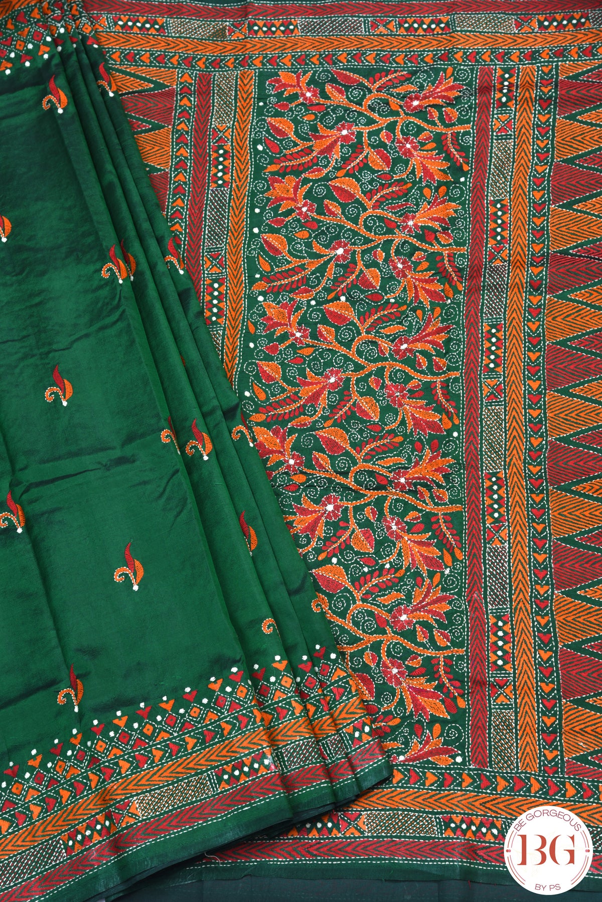 Kantha Stitch Saree on Bangalore Silk - Bottle Green