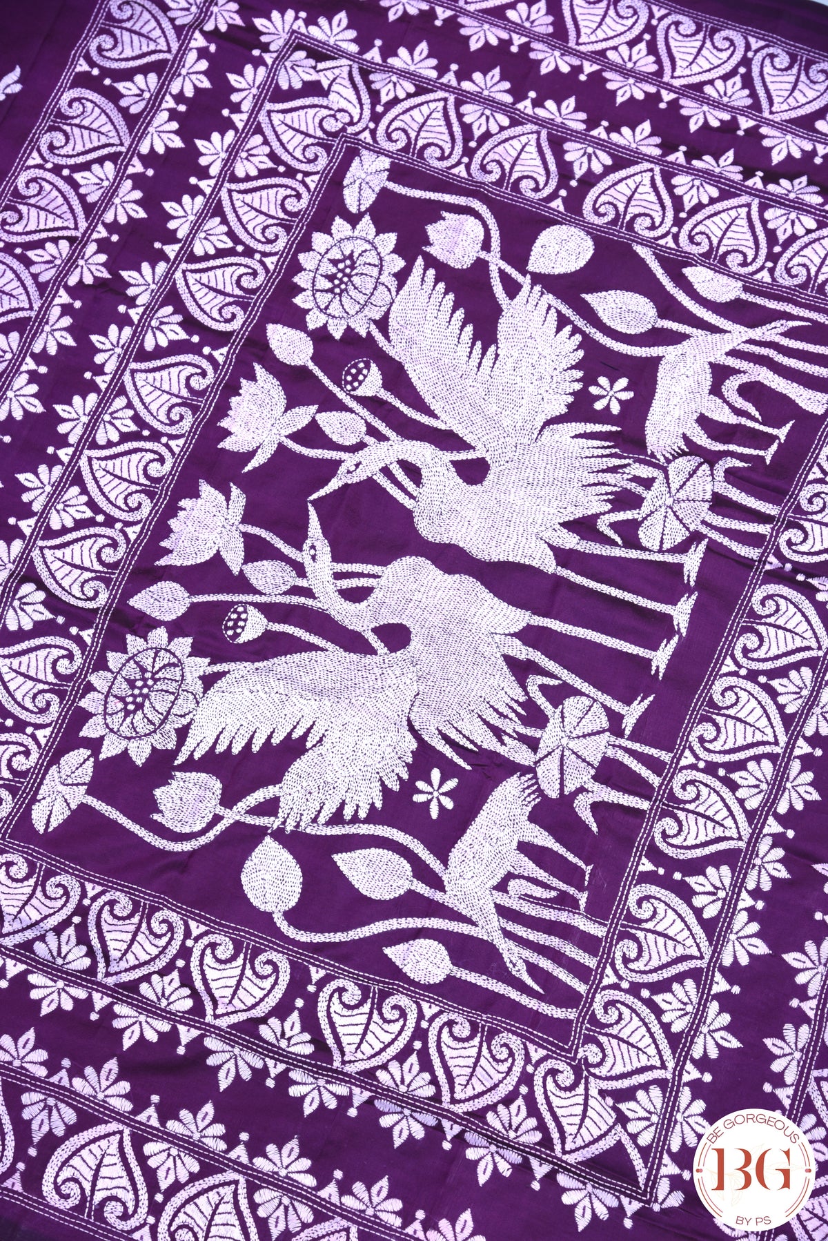 Kantha Stitch Saree on Bangalore Silk - Purple with White