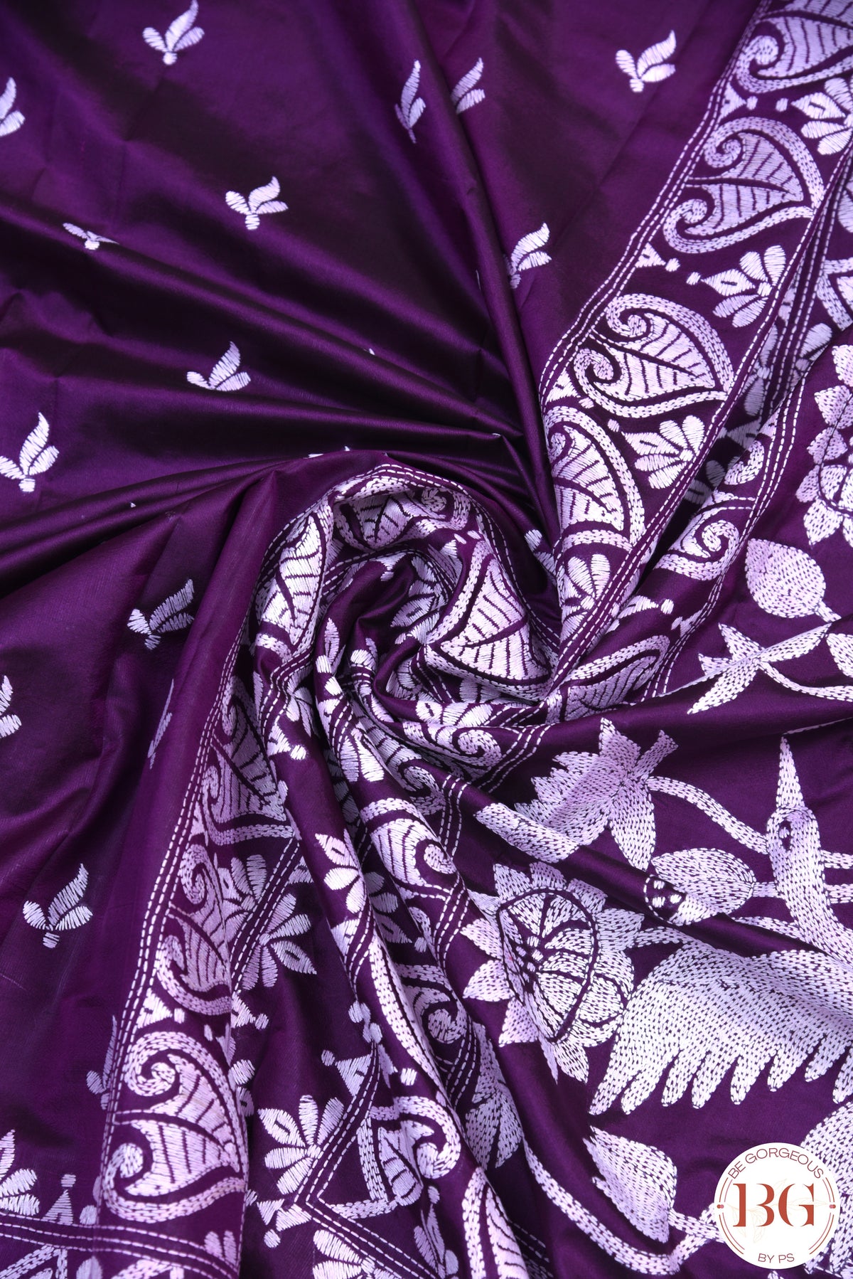 Kantha Stitch Saree on Bangalore Silk - Purple with White