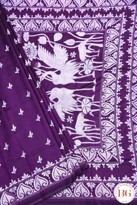 Kantha Stitch Saree on Bangalore Silk - Purple with White