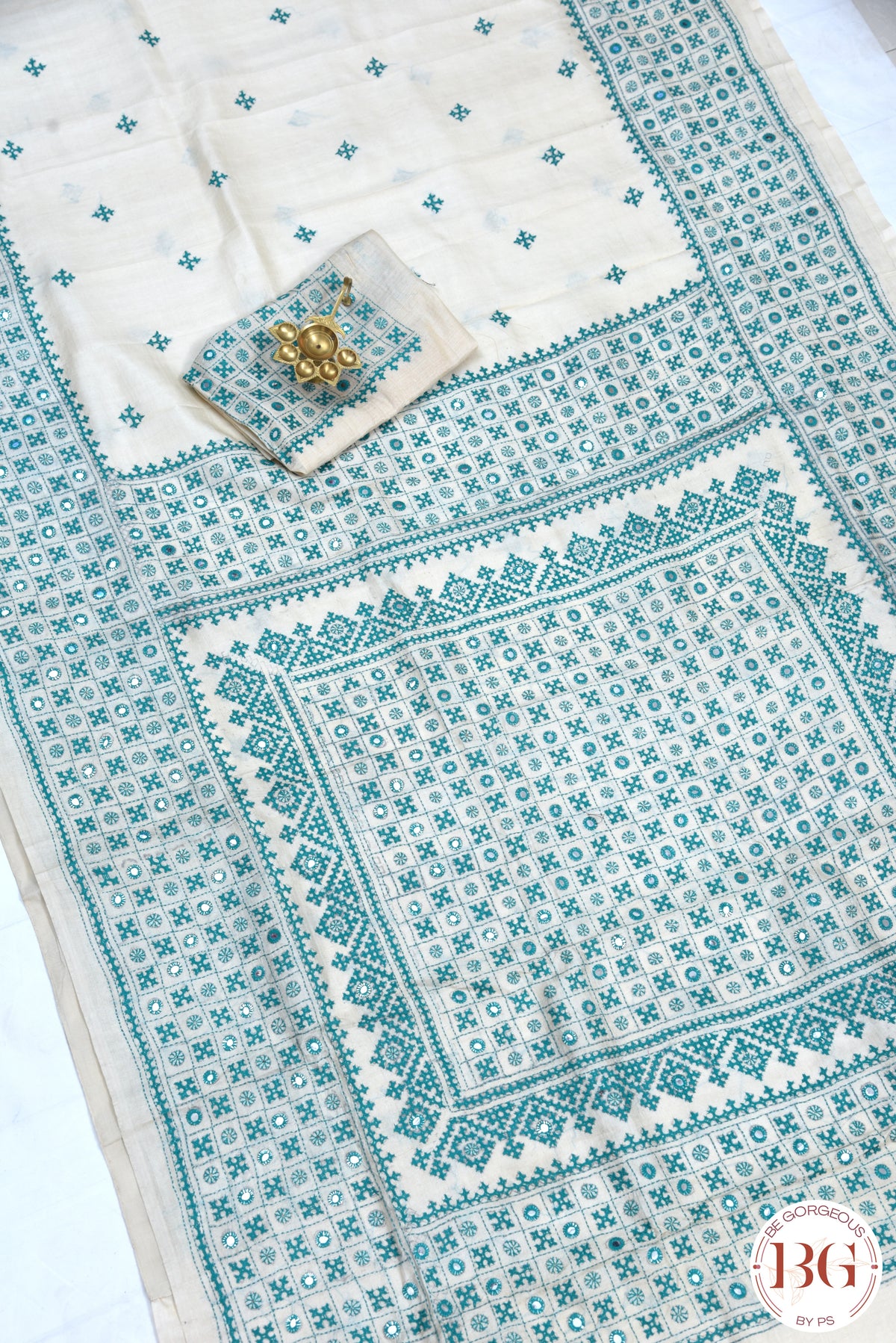 Kutch Stitch Saree with mirror work on Tussar Silk - Beige with Green