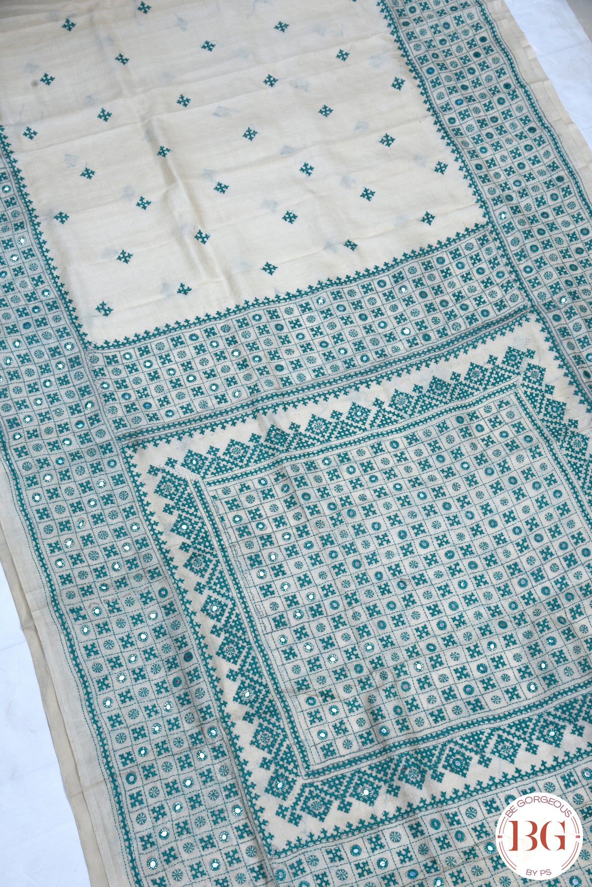 Kutch Stitch Saree with mirror work on Tussar Silk - Beige with Green