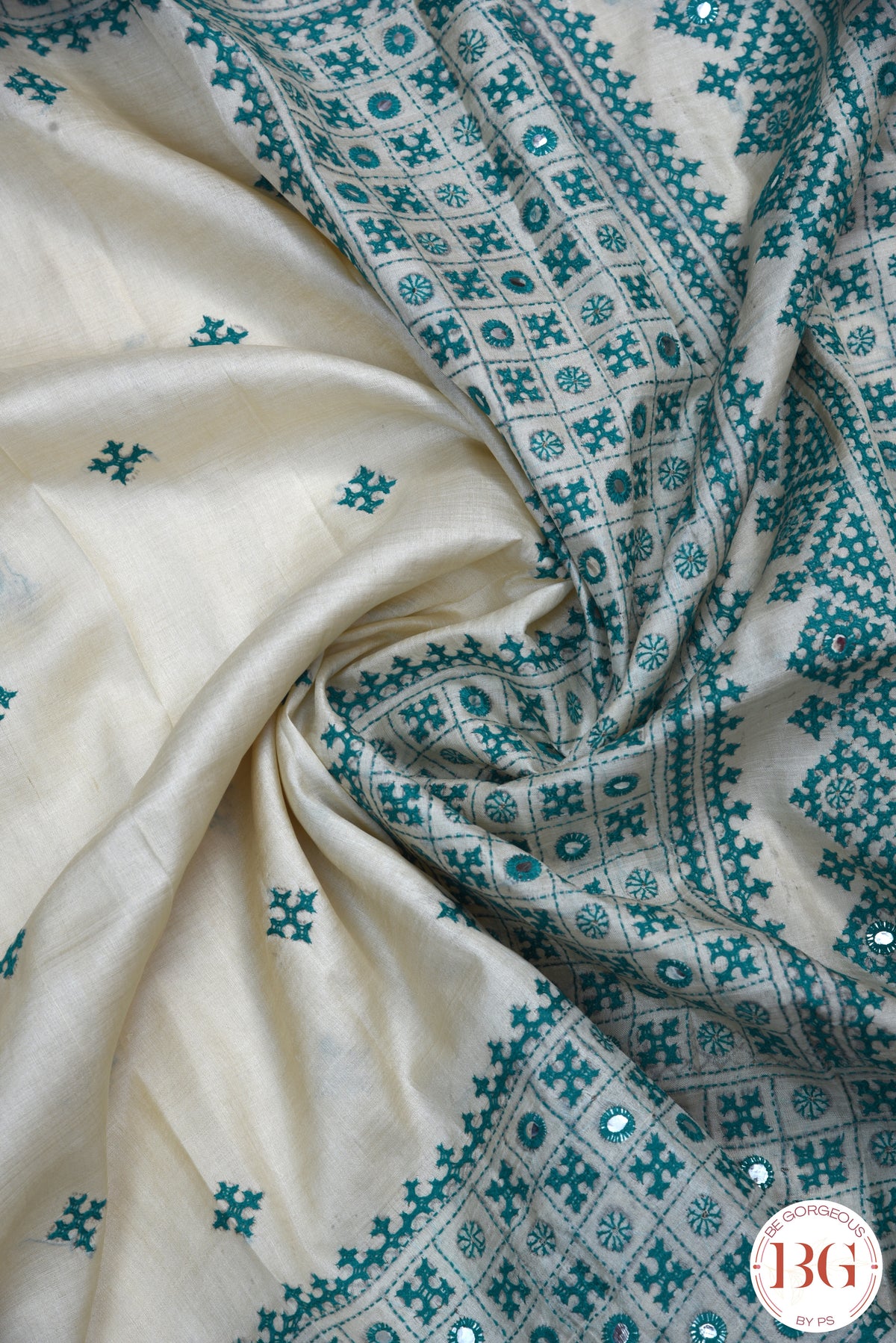 Kutch Stitch Saree with mirror work on Tussar Silk - Beige with Green