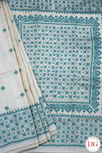 Kutch Stitch Saree with mirror work on Tussar Silk - Beige with Green