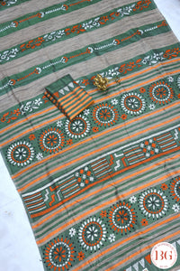 Kantha stitch saree on tussar silk with stripes - Green with orange, white and black