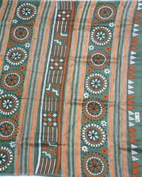 Kantha stitch saree on tussar silk with stripes - Green with orange, white and black