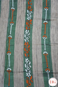 Kantha stitch saree on tussar silk with stripes - Green with orange, white and black