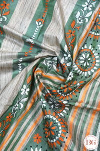 Kantha stitch saree on tussar silk with stripes - Green with orange, white and black