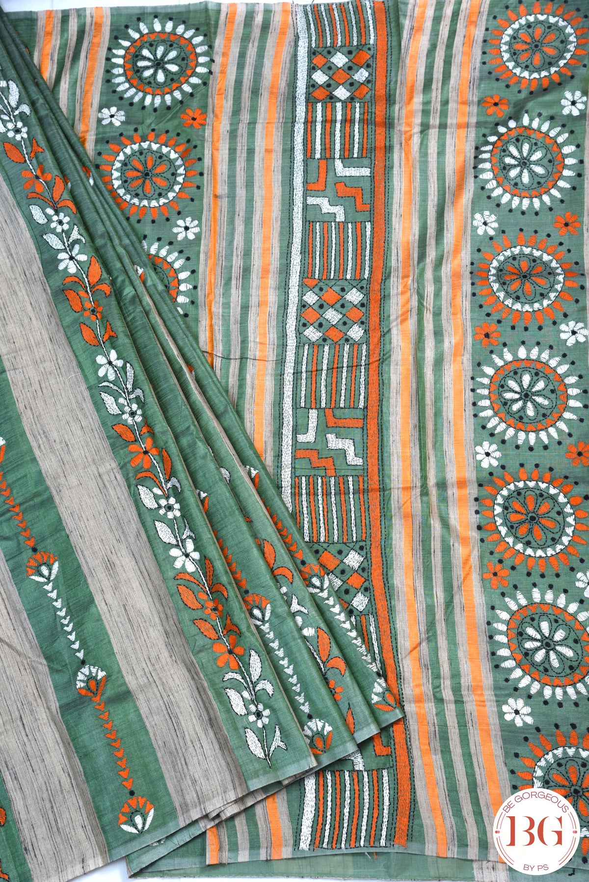 Kantha stitch saree on tussar silk with stripes - Green with orange, white and black