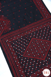 Kutch Stitch Saree with mirror work on Bangalore Silk - Black with Red