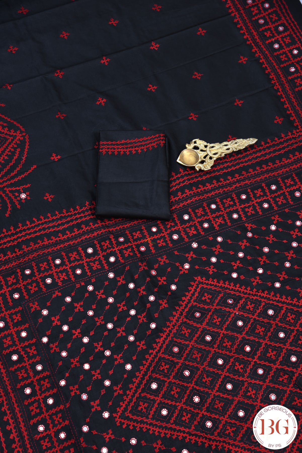 Kutch Stitch Saree with mirror work on Bangalore Silk - Black with Red