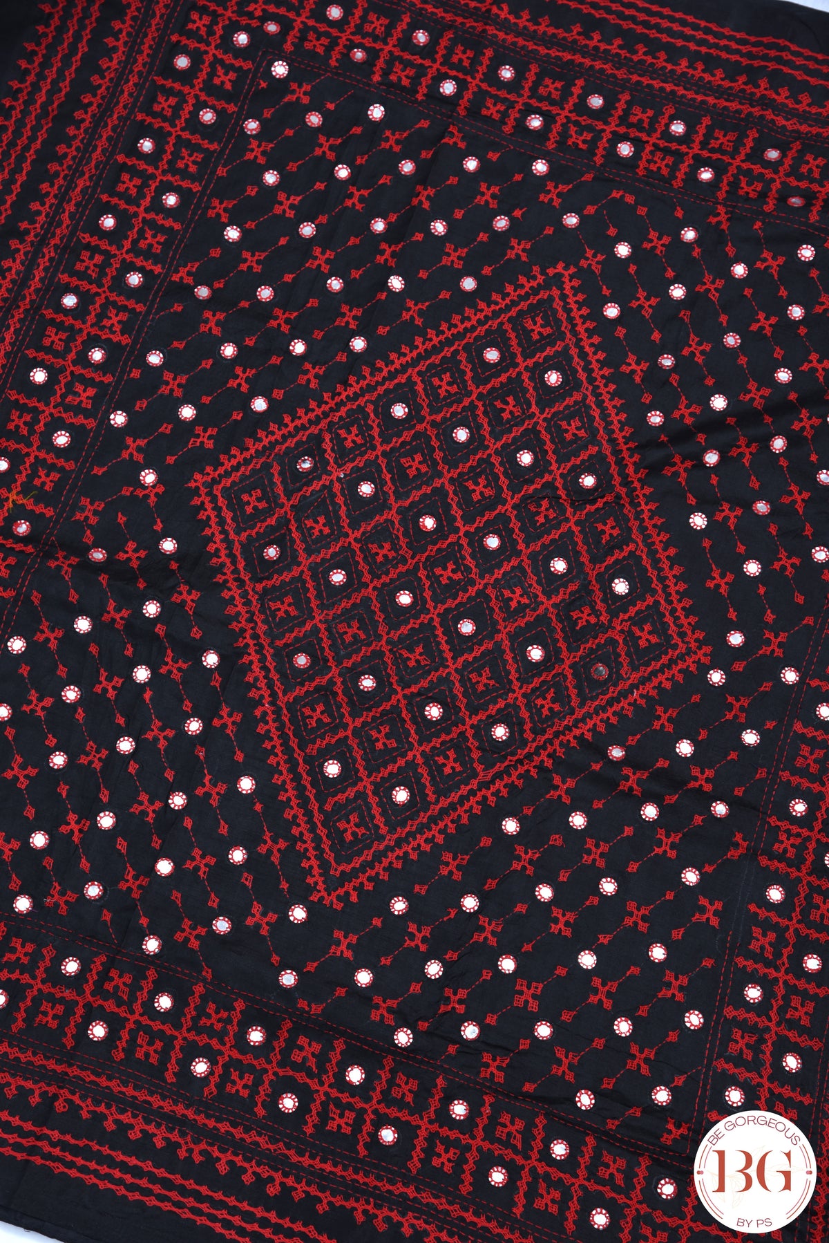 Kutch Stitch Saree with mirror work on Bangalore Silk - Black with Red