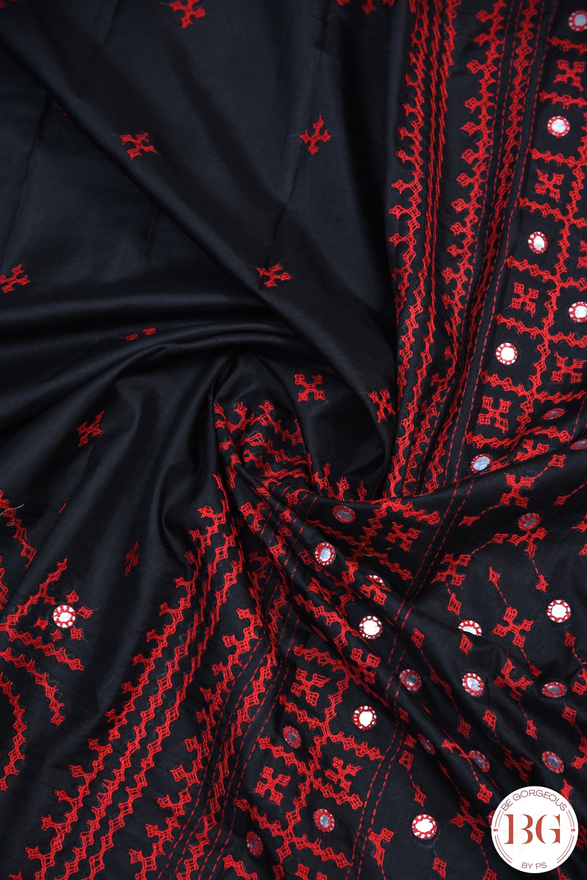 Kutch Stitch Saree with mirror work on Bangalore Silk - Black with Red