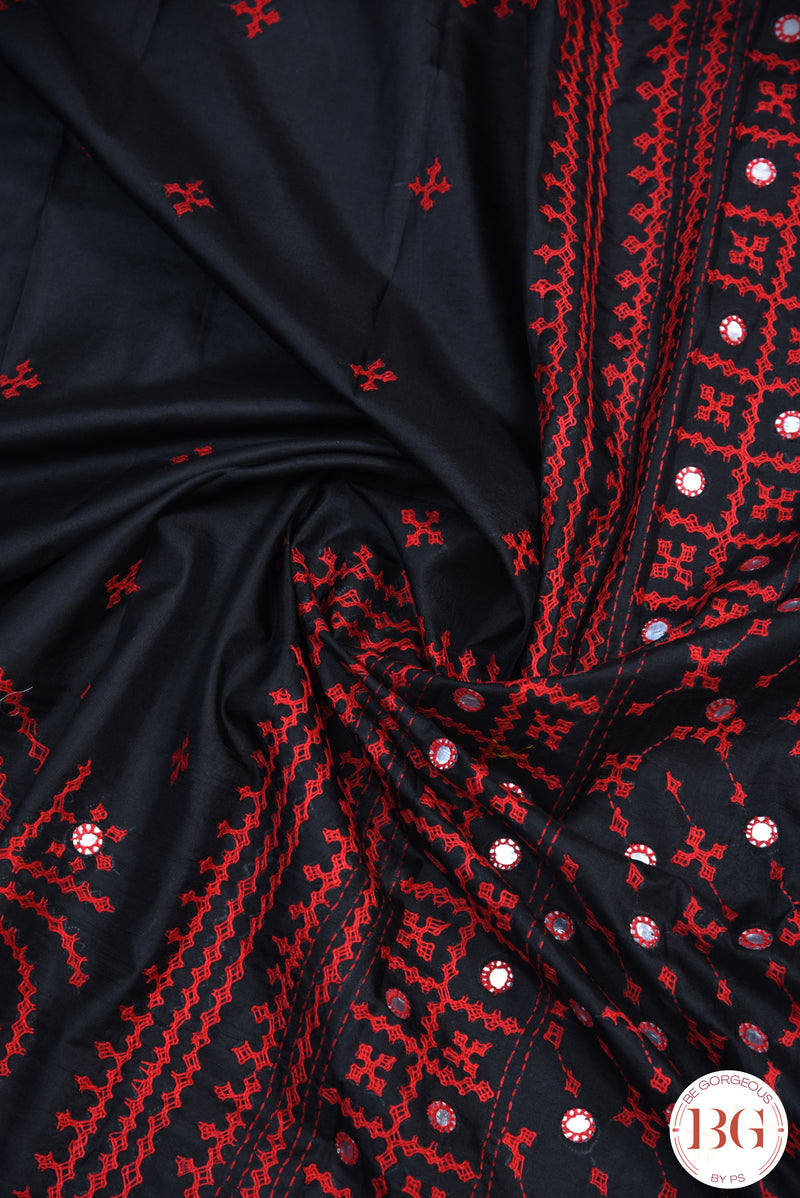 Kutch Stitch Saree with mirror work on Bangalore Silk - Black with Red