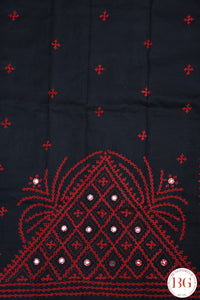 Kutch Stitch Saree with mirror work on Bangalore Silk - Black with Red