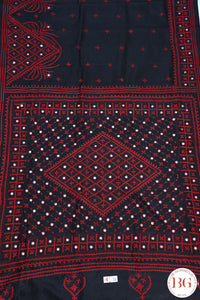 Kutch Stitch Saree with mirror work on Bangalore Silk - Black with Red