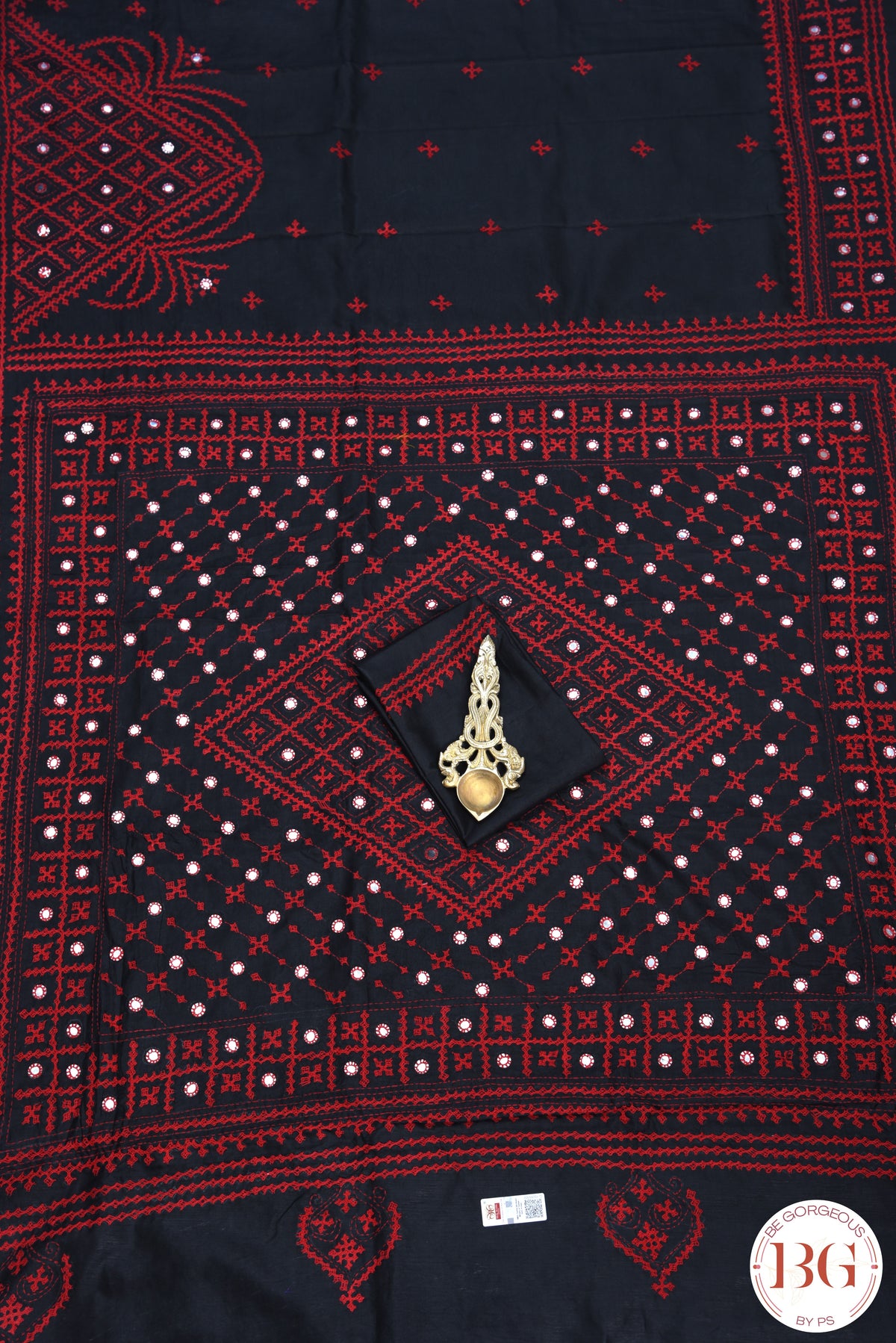 Kutch Stitch Saree with mirror work on Bangalore Silk - Black with Red