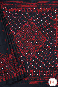 Kutch Stitch Saree with mirror work on Bangalore Silk - Black with Red