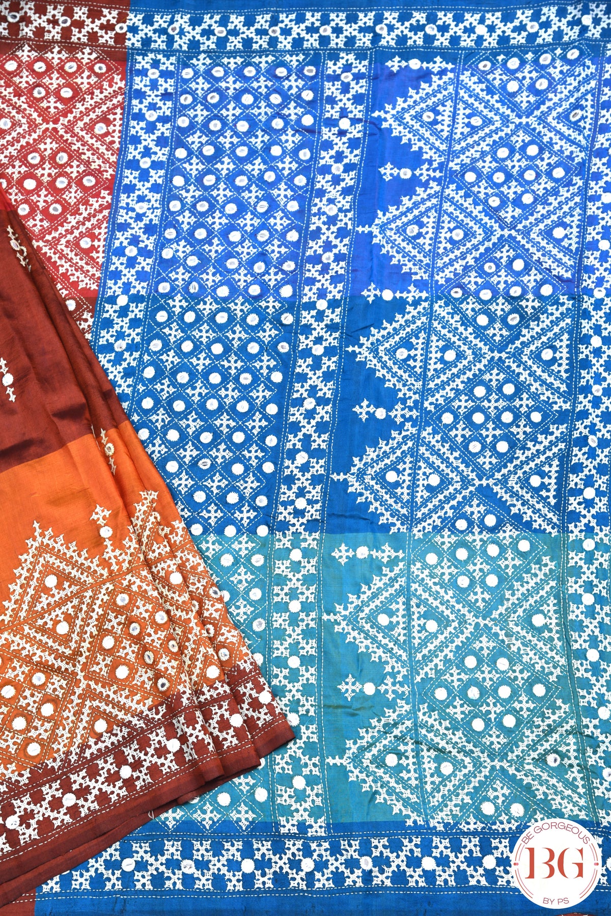 Kutch Stitch Saree with mirror work on Bangalore Silk - Blue pallu with multicolor body