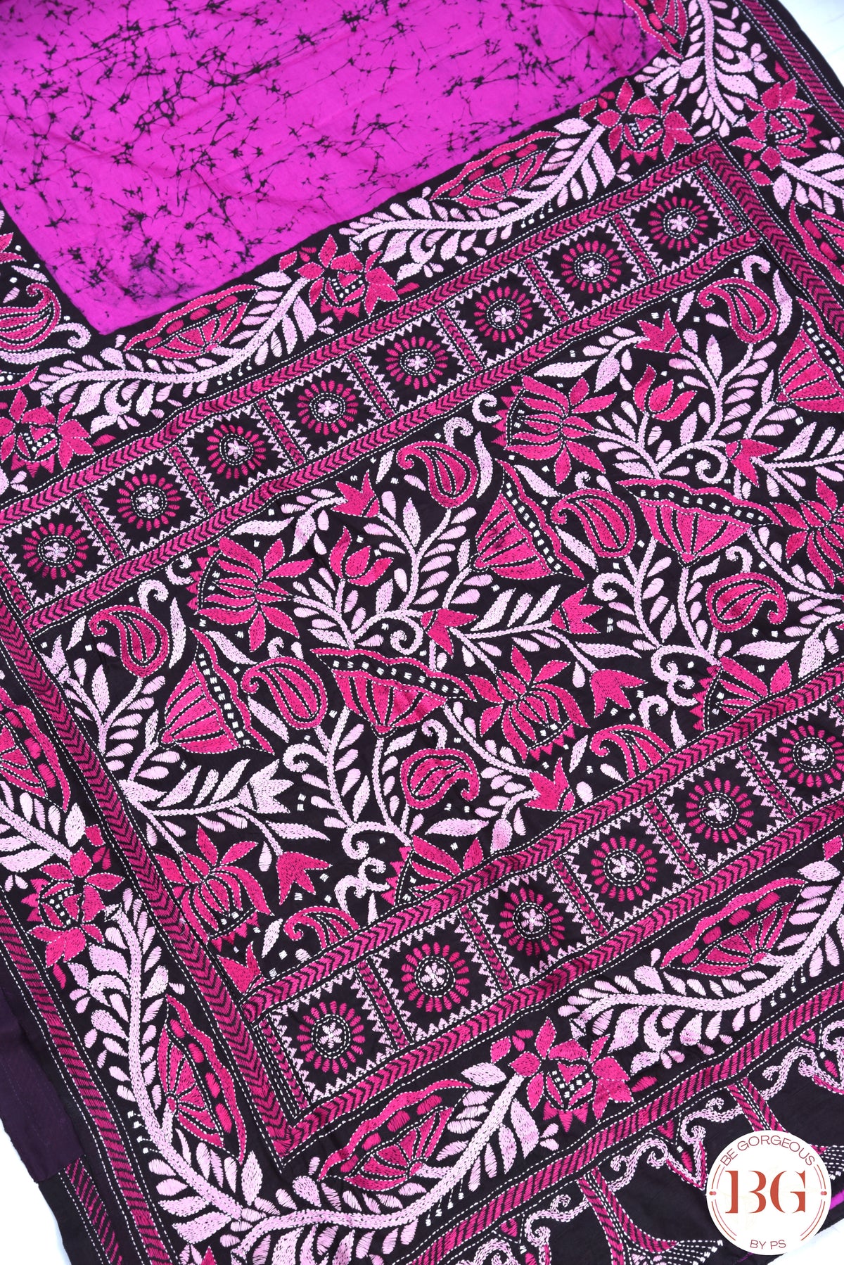 Kantha Stitch Saree on Bangalore Silk - Black with Pink