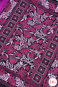 Kantha Stitch Saree on Bangalore Silk - Black with Pink