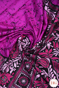 Kantha Stitch Saree on Bangalore Silk - Black with Pink