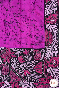 Kantha Stitch Saree on Bangalore Silk - Black with Pink