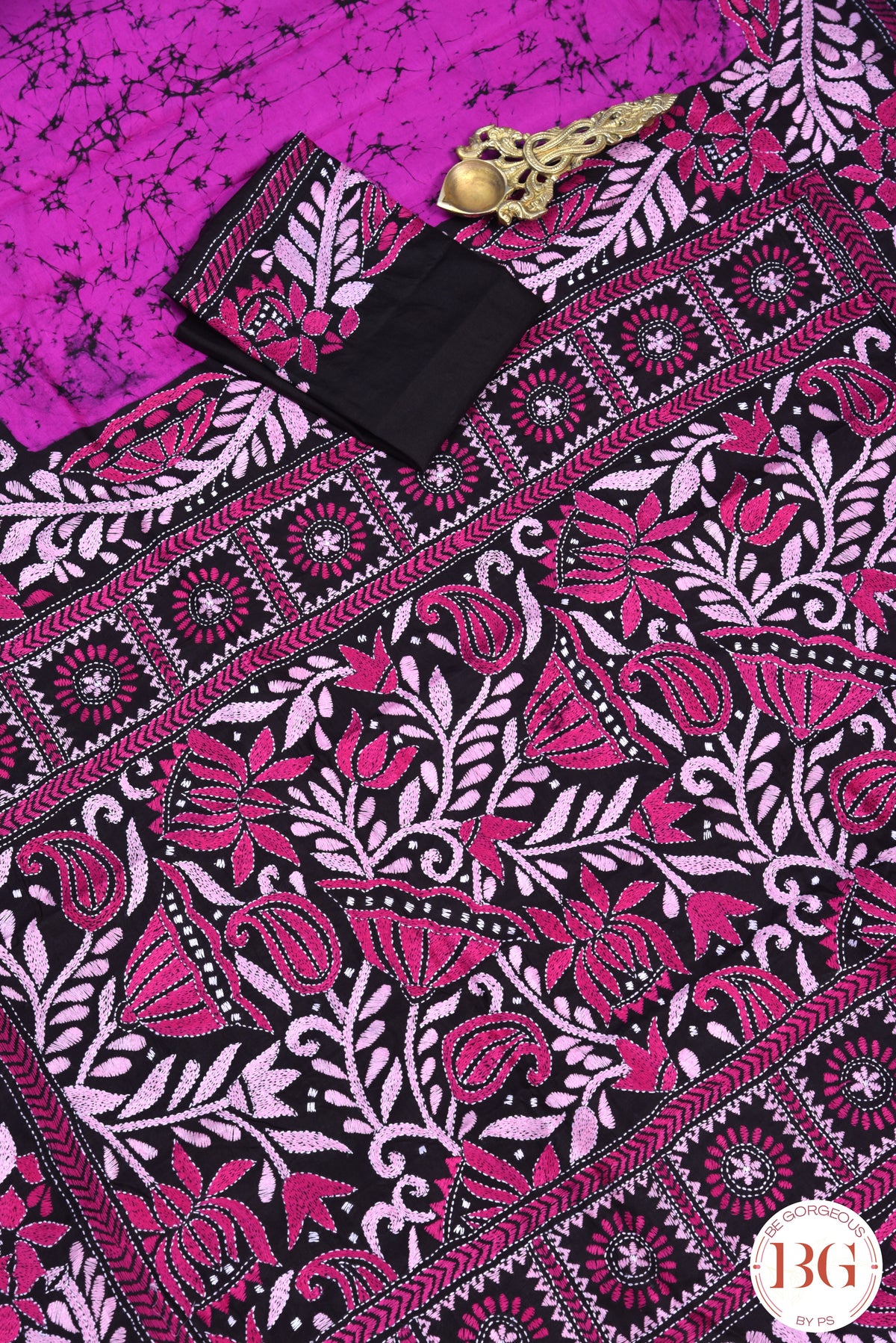 Kantha Stitch Saree on Bangalore Silk - Black with Pink