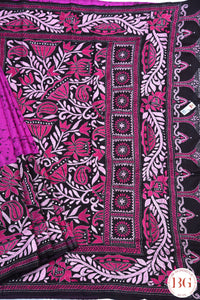 Kantha Stitch Saree on Bangalore Silk - Black with Pink