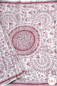 Kantha Stitch Saree on tussar silk with warli art- Beige with red