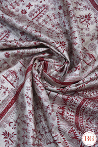 Kantha Stitch Saree on tussar silk with warli art- Beige with red