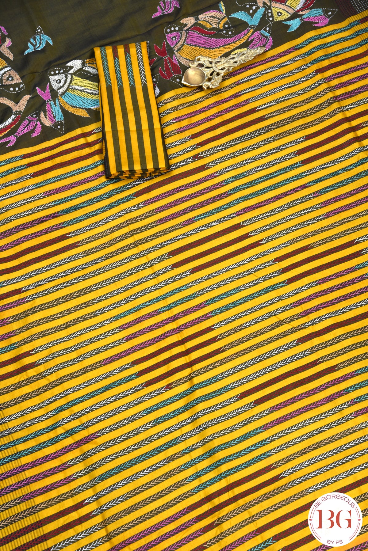 Kantha Stitch Saree on Bishnupuri tussar Silk with stripes - mustard