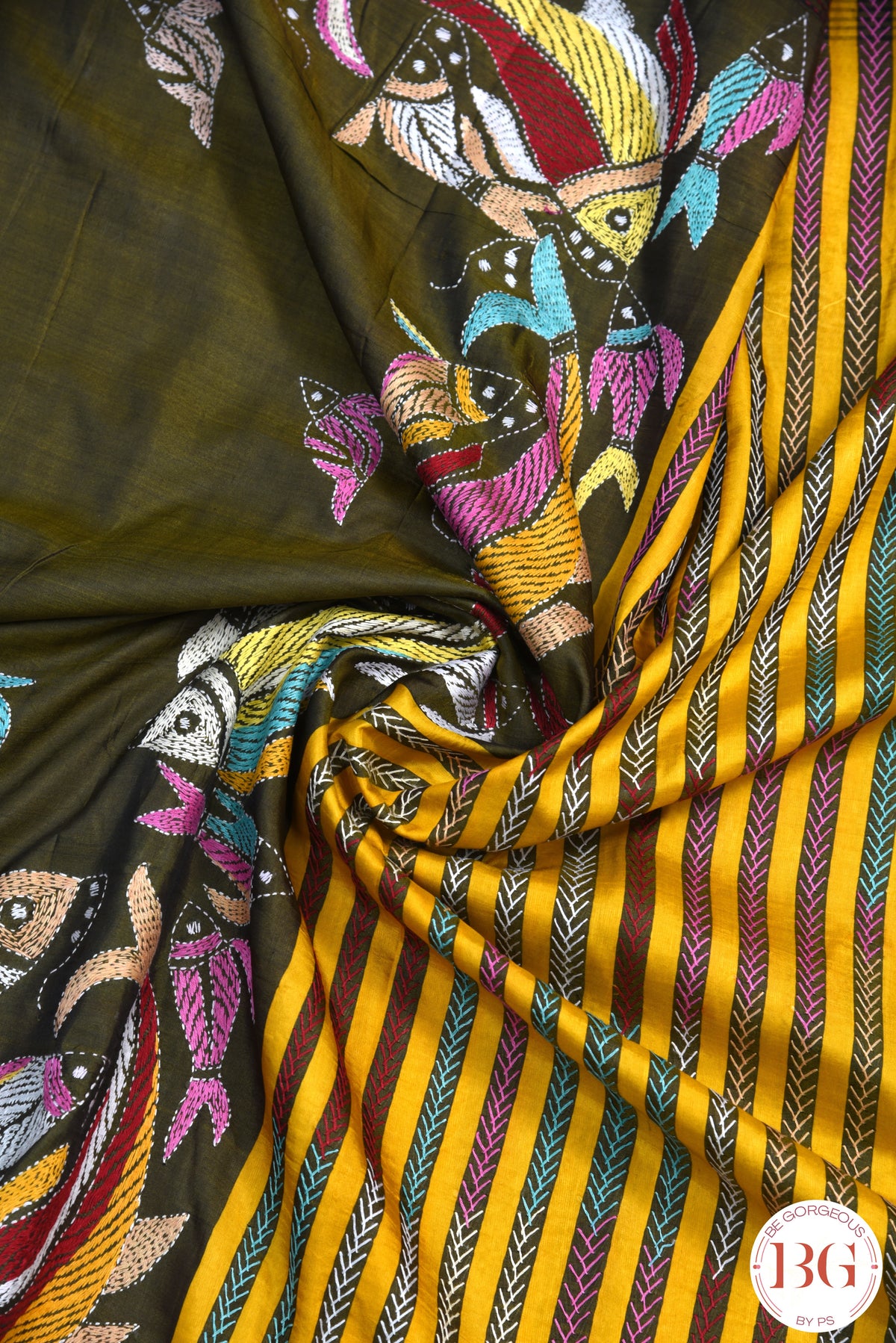 Kantha Stitch Saree on Bishnupuri tussar Silk with stripes - mustard